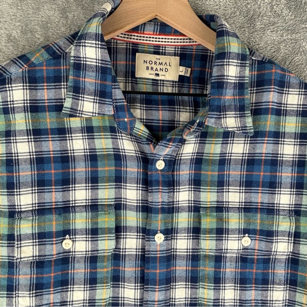The Normal Brand Shirt Adult Large Blue Green Plaid Flannel Button Up Pockets